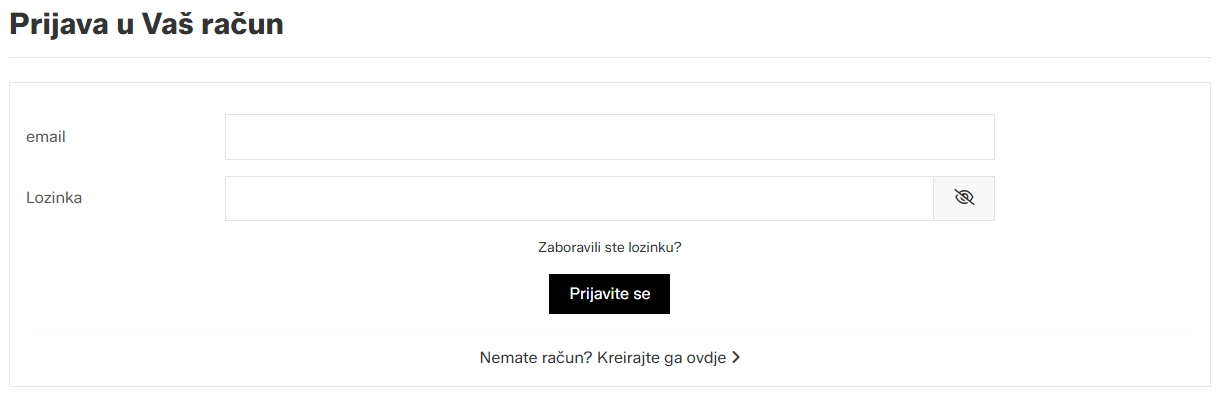 Stranica za prijavu s poveznicom za kreiranje računa
