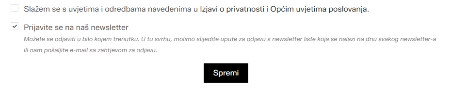 Kvadratići za prihvaćanje uvjeta i privatnosti